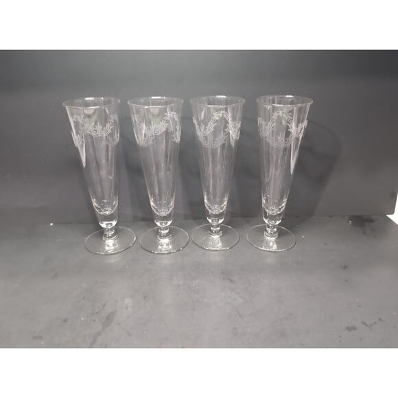 Chintz Etched Pilsner‎ Glasses Set of 4, 10 oz Footed Glasses, Vintage Glassware - Picture 5 of 10